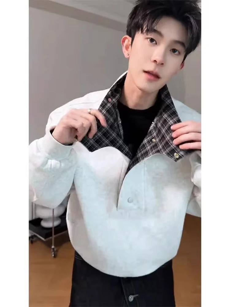 

Мужская толстовка в американском стиле с модным клетчатым пэчворком и воротником-стойкой, осенне-зимняя новинка, в университетском стиле, с полуоткрытым воротником