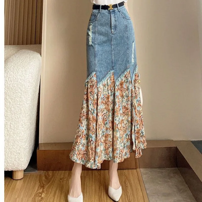 Flare Woman Denim Skirt Sweetsweet Midi Jeans Skirts for Women Modest Korean Style Streetwear Stylish Harajuku Vintage V Y2k