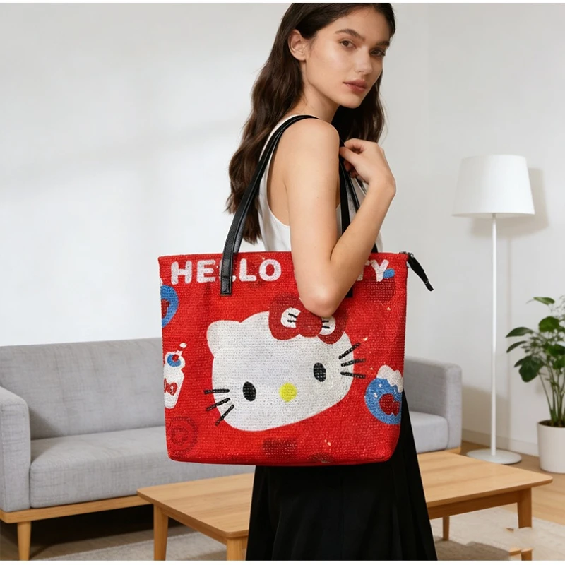

Сумка-тоут Sanrio Fashion из холщовой ткани с мультяшным принтом, женская, легкая, люксовая, с бриллиантовой отделкой, Hello Kitty, милая, вместительная
