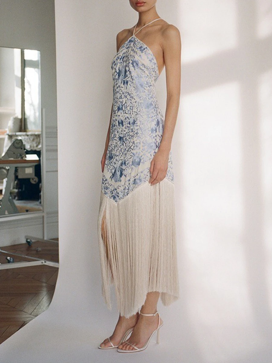 TWOTWINSTYLE Abiti con stampa floreale retrò francese per le donne Abito longuette con scollo all'americana senza maniche a vita alta con nappa impiombata