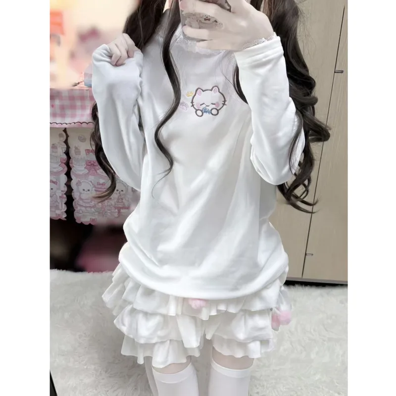 

Cat Y2k Kawaii T Shirt Cherry Brooch Skirt Women Spring Autumn Japan Harajuku Sweet White Long Sleeve Tees Oversized Top Dress