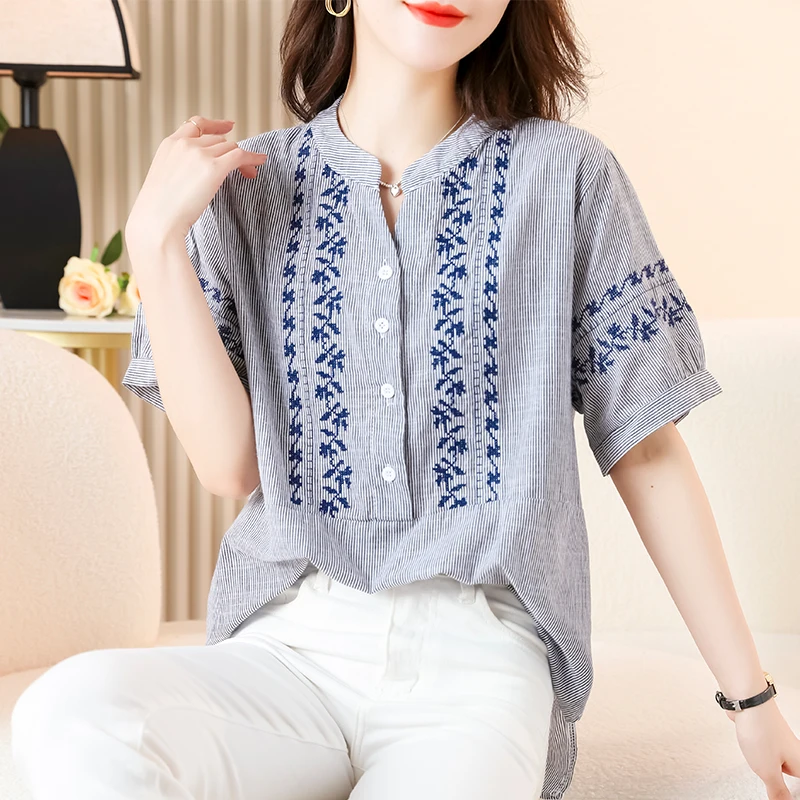 

Летний женский повседневный хлопковый топ с вышивкой ort Sve и воротником-стойкой в полоску, модный свободный крой для поездок на работу