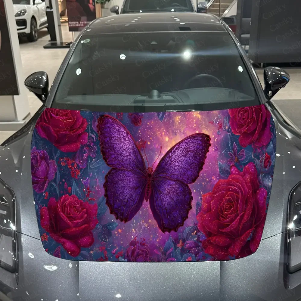 Vibrant Rose & Butterfly Pattern PVC Car Hood Wraps, Self-Adhesive Waterproof Car Bonnet Decal Sticker, Car Decoration Protectio