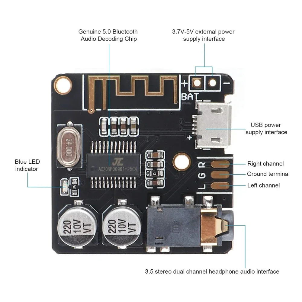 

Bluetooth Audio Receiver Board Bluetooth 5.0 MP3 Lossless Decoder Board Wireless Stereo Music Module 3.7-5V XY-BT-Mini