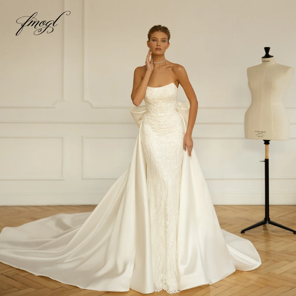 

Customized Strapless Detachable Train Mermaid Wedding Dresses Matte Satin Vestido De Novia Lace Embroidery Vintage Bridal Gowns