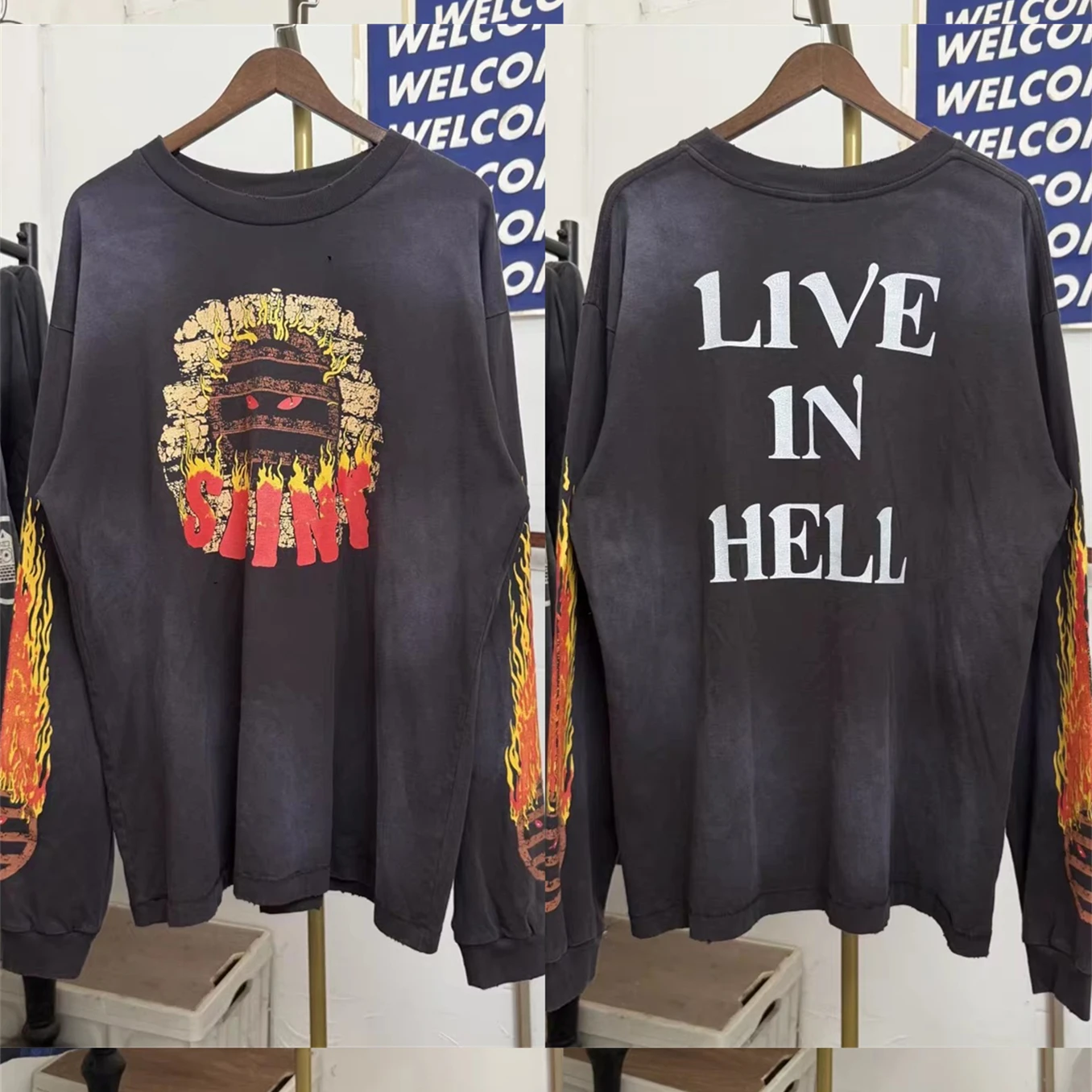 

FW24 SAINT футболка с длинными рукавами и рисунком пламени, футболка с коллажем для мужчин и женщин, футболка высокого качества, футболки