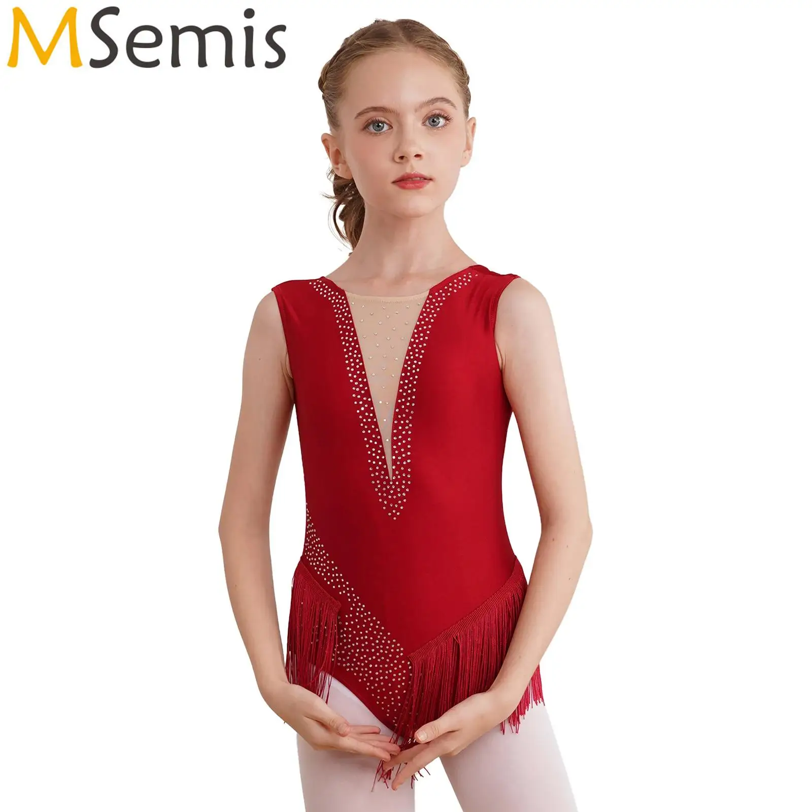 Kids Girls Rhythmic Gymnastics Ballet Dance Performance Costume Shiny Rhinestones Tassel Leotard Figure Skating Fringed Bodysuit