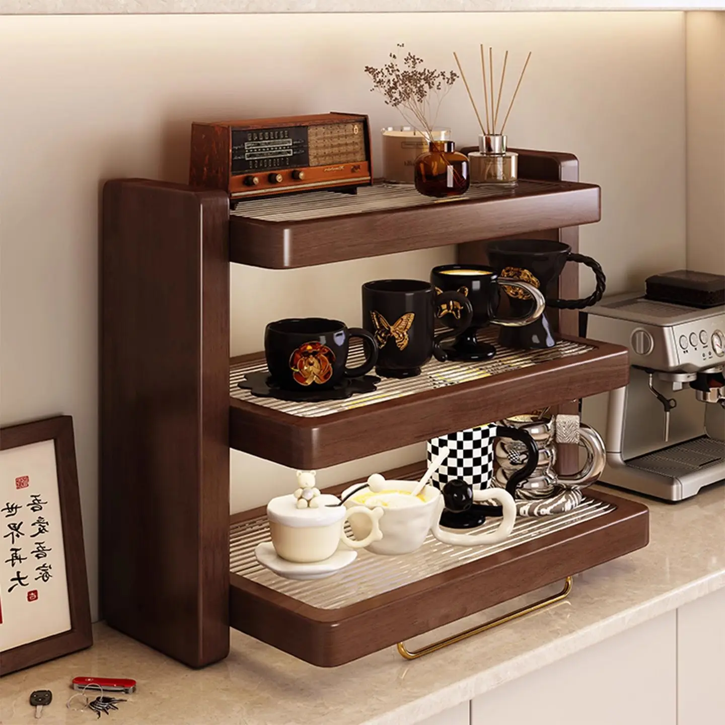 PYH solid wood rack desktop multi-layer storage rack holder office desktop coffee corner layered rack