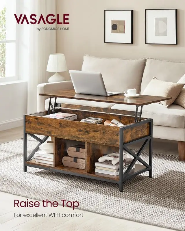 

Lift Top Coffee Table with Storage Shelf and Hidden Compartments, 19.7 x 39.4 x (19.3-24.4) Inches, Rustic Brown and Black