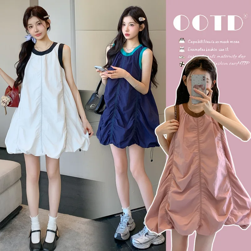 

Summer Maternity Dress New Sleeveless Color Block Sundress Playful Baby Doll Silhouette Plus Size Youthful Petite Length