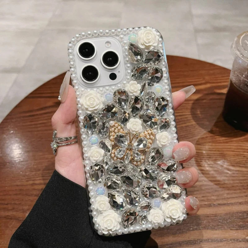 

Light Luxury Diamond Inlaid Three-dimensional Pearl Rose Bow Phone Case Suitable for IPhone 16 15 14 13 12 11 Pro Max Anti Drop