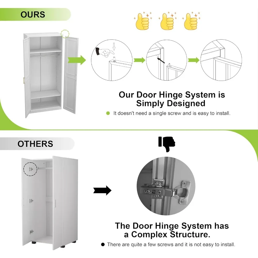 خزانة ملابس بأبواب مقاس 71 بوصة، خزانة ملابس مع خزانة معدنية بقضيب مفصلي مع رفين قابلين للتعديل لغرفة النوم