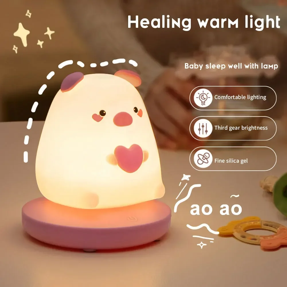 Luzes noturnas led para quarto das crianças, animal bonito, porco, coelho, lâmpada de silicone, sensor de toque, dimmable, presente de feriado infantil
