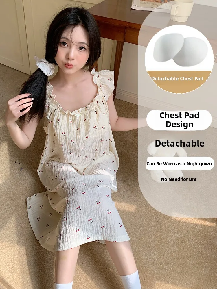 

Sexy Pure Cotton Summer Spwear Home Clothes Midi Thin Strap Cotton Linen Gauze Women's Nightgown Sweet Home Suit