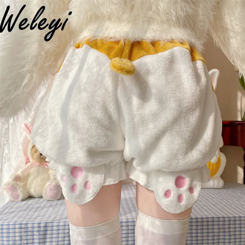 Sweet Lolita Girl Thickened Short Velvet Pumpkin Pants 2024 Fall New Cute Lolita Warm Flannel Underwear Lantern Bottoms Shorts