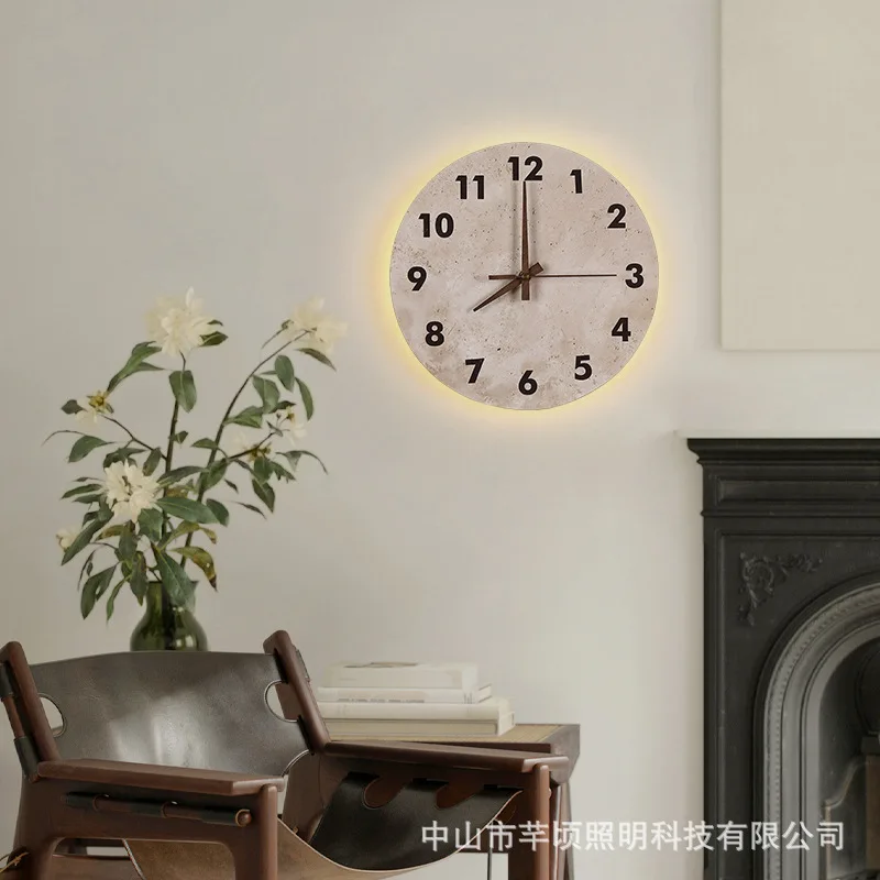 Yellow travertine Japanese cream creative watch wall lamp Chinese retro silent wind living room background wall lamp decoration