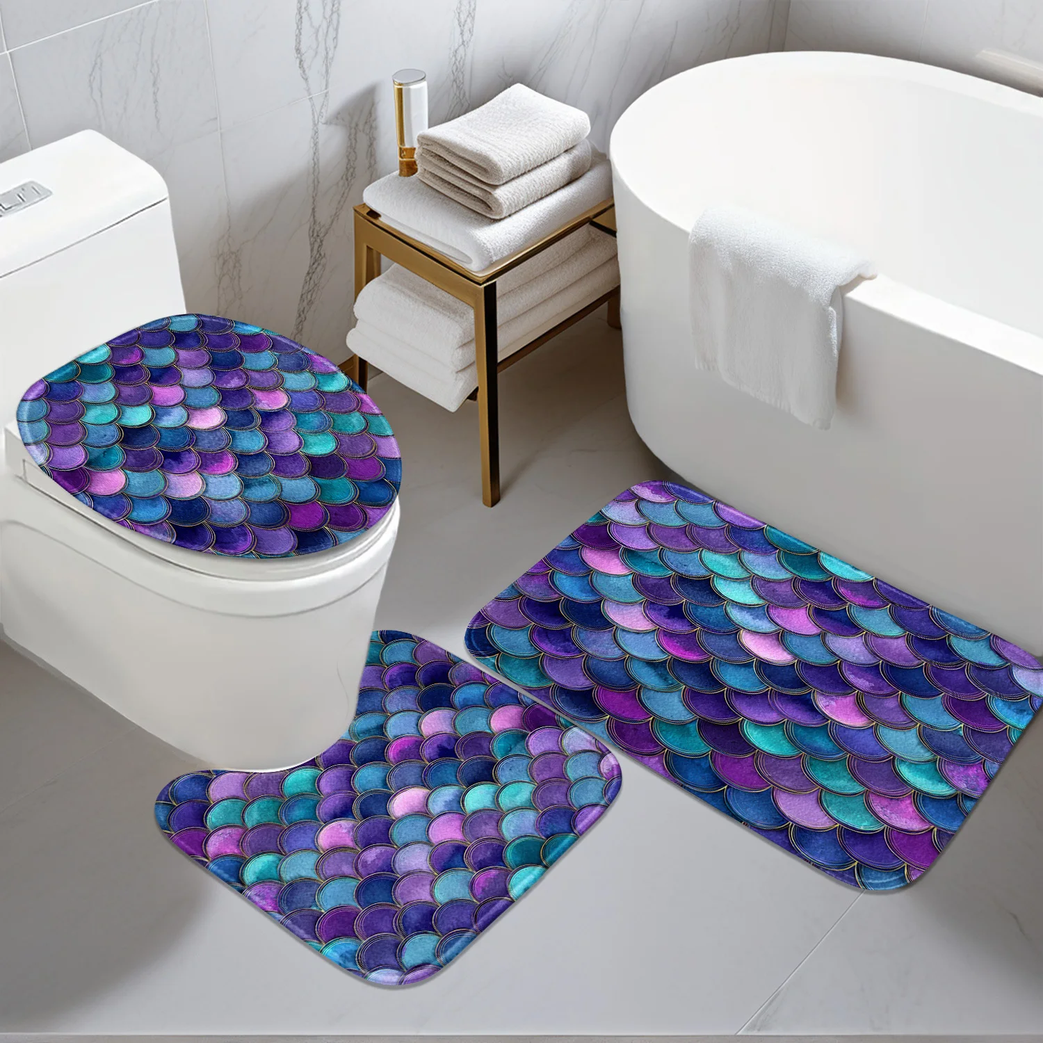 

Bathroom Anti-Slip Mat Set - 3pcs Kit with Purple-Blue Gradient Fish Scale 2D Flat Design, Digital Print - Includes Non-Slip Mat