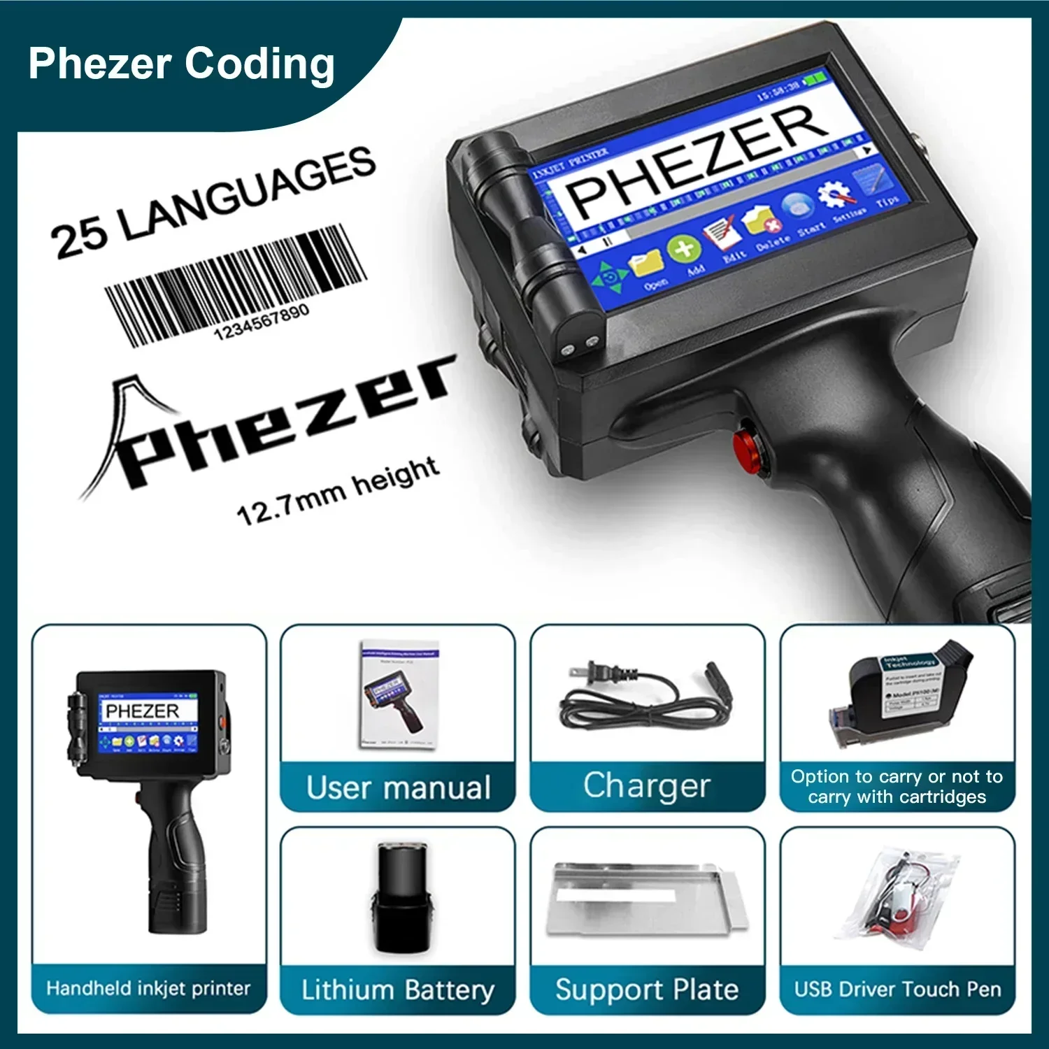 Phezer P15 12.7mm Label Printer QR Bar Batch Code Date Number Logo Expiry Date Handheld Inkjet Printer 28 Languages Portable