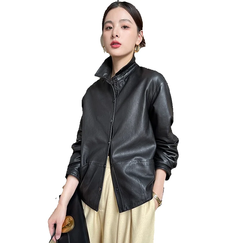 Chunxin Veste en cuir véritable pour femme, peau de mouton tannée végétale, col de chemise, courte, décontractée, veste minimaliste