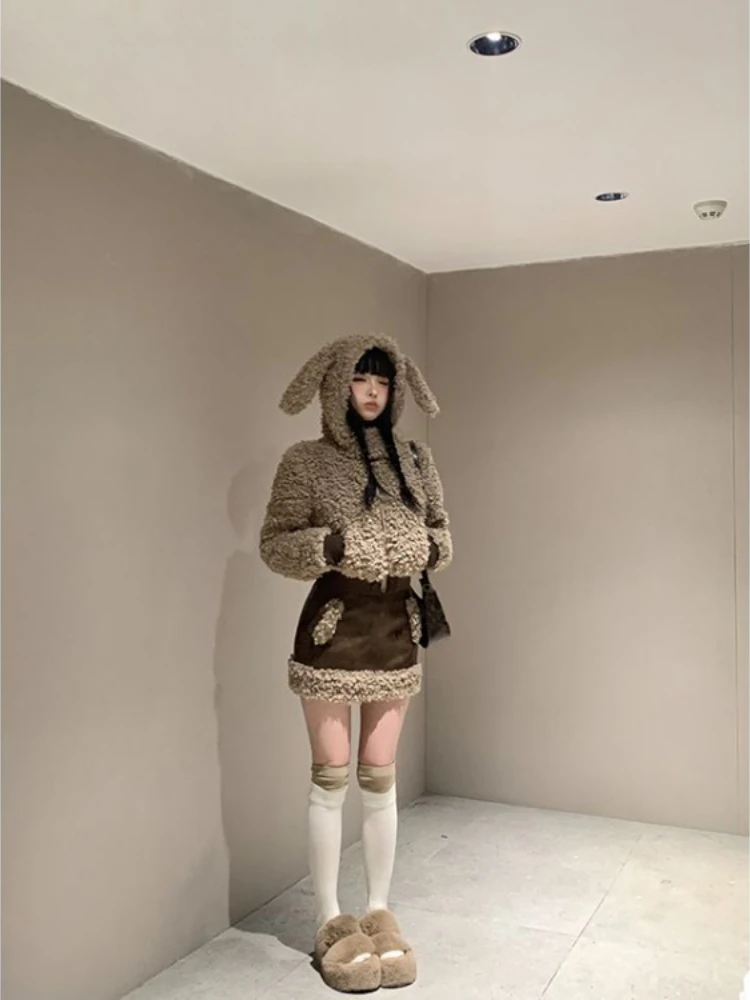 Korean Two Pieces Set Kawaii Cute Ears Fluffy Butterfly Coat + Patchwork Streetwear Vintage Y2k Aesthetic All Match Slim Skirts