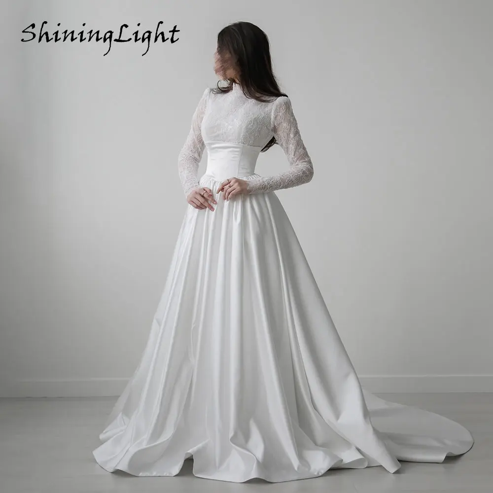 Suknie ślubne arabskie ShiningLight, wysoki dekolt, koronka, długie rękawy, biała linia A, satynowe suknie ślubne, Vestidos De Novia, szyte na miarę