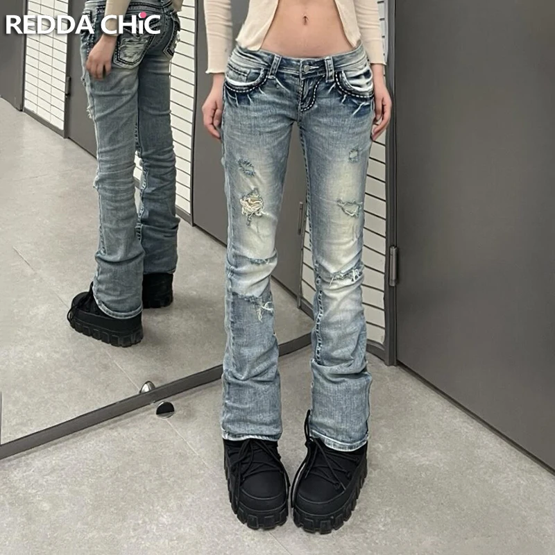 

ReddaChic Women Braided Pockets Skinny Jeans 90s Distressed Low Rise Trousers Holes Destroyed Bootcut Pants Korea Y2k Streetwear