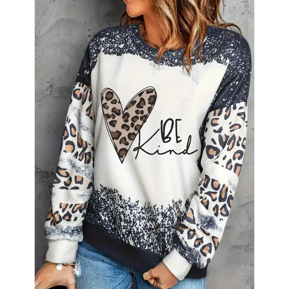 Women\'s Round Neck Leopard Printed Hoodie Autumn And Winter Fashion Letter Long Sleeved Casual Plus Size Pullover Clothing 2024