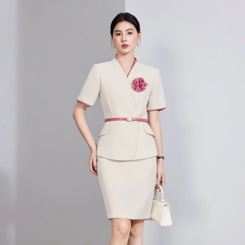 Summer fashion professional suit for women, jewelry store workwear, front desk beauty salon work uniform, elegant short-sleeved