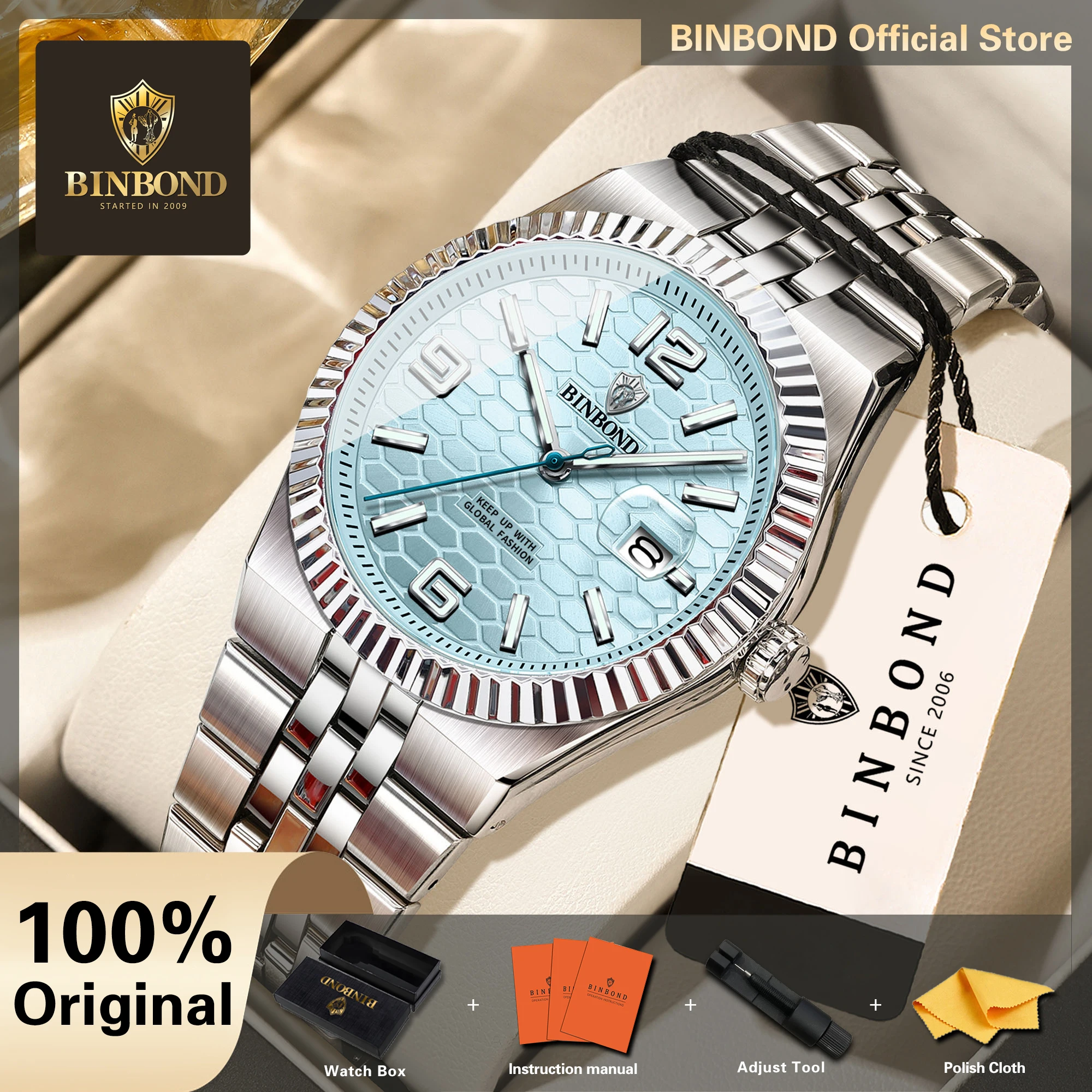 BINBOND Original Brand Quartz Wristwatches For Men Luxury Luminous Waterproof Men's Watch Reloj Para Hommes Marca De Luxo +Box