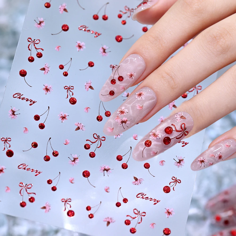 1Pcs 5D Glitter Jelly Red Cherry Nail Sticker Pink Cherry Blossoms Fruit Cherries Bow Nail Decals Summer Cute Manicure Decoratio 3