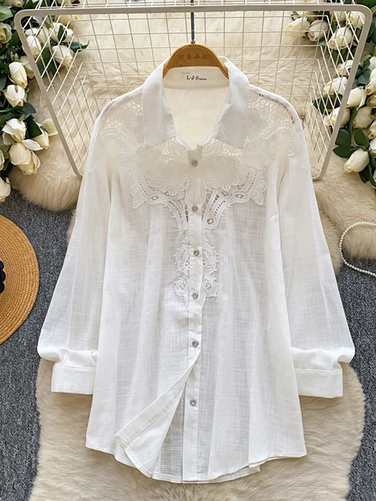 Spring Autumn New Embroidered Hollow Breathable Cotton Hemp Shirt Women\'s Long Sleeve Loose Versatile Commuter Cardigan Top D83