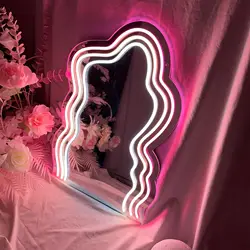 Wavy Cloud Mirror Neon Sign Dimmable LED Neon Light For Vanity Makeup Room Girl Bedroom Beauty Studio Dressing Table Wall Decor