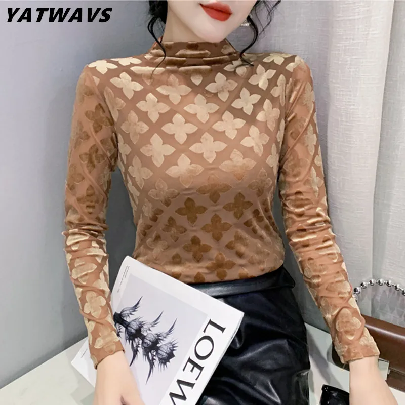 

M-3XL New Korean Chic Women Flocking Mesh T-shirt Sexy Turtleneck Long Sleeve Elastic Slim Tees Elegant Vintage Female Tops