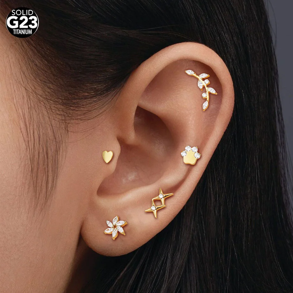 

1pc Titanium Heart Leaf Star Zircon Helix Piercing Internally Threaded Cartilage Couch Tragus Stud Earrings Body Jewelry