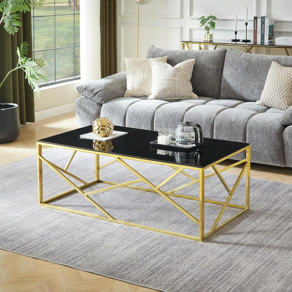 Modern Minimalist Tempered Glass Rectangle Coffee Table with Gold Metal Frame for Living Room