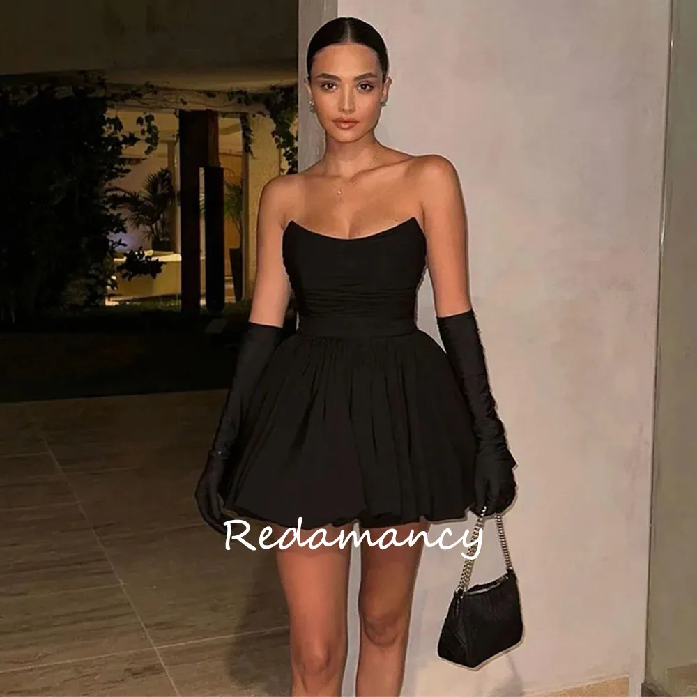 Redamancy Customized Short Black Strapless Homecoming Party Evening Dress Strapless Above Knee Ruched Cocktail Dress With Gloves