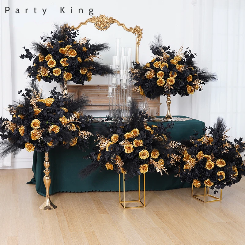 Luxurious Black Gold Rose Silk Hydrangea Flower Bunch Birthday Party Props Decor Artificial Flowers Banquet Table Centerpiece