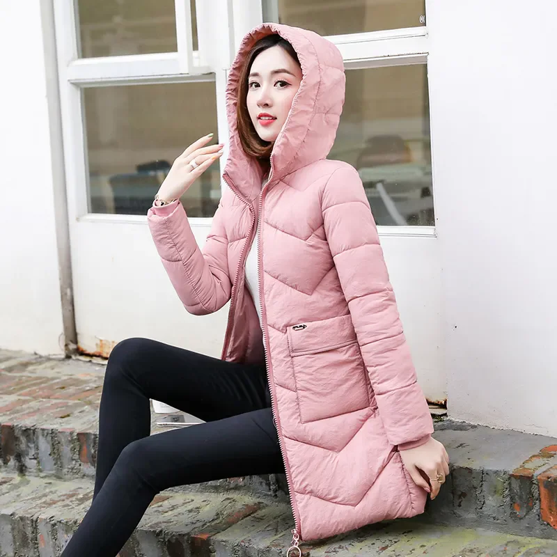 

Fashion New Puffer Down Cotton Padded Winter Jackets Slim Women Parkas Solid Female Hooded Coat Korean Mid-Length Outwear