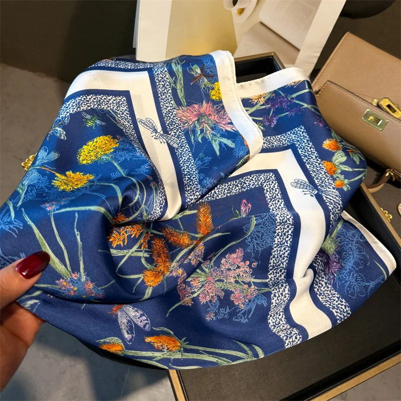 70*70cm Luxury Floral Square Scarf For Women Elegant Ladies Hijab Neckerchief Shawl Solid Soft Stain Silk Scarves For Travel image 6