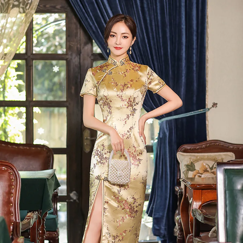 Cheongsam longo chinês para mulheres, vestido de abertura de lado único, manga curta, roupa de casamento, vestidos de festa noturna, qipao clássico e elegante