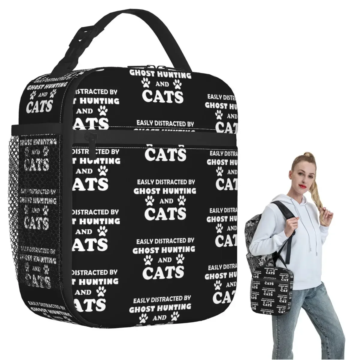 Easily Distracted By Ghost Hunting And Cats Insulated Lunch Bag for Women Kids Leakproof Food Boxes Thermal Lunch Box Tote