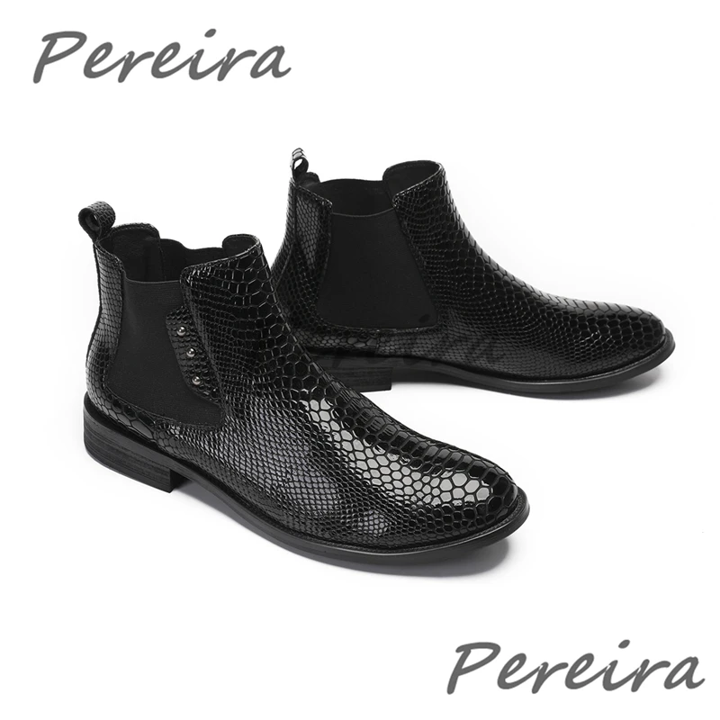 Black Snake Pattern Men's Short Boots Rivet Design Round Toe Slip On Ankle Boots British Style Genuine Leather Male Casual Shoes