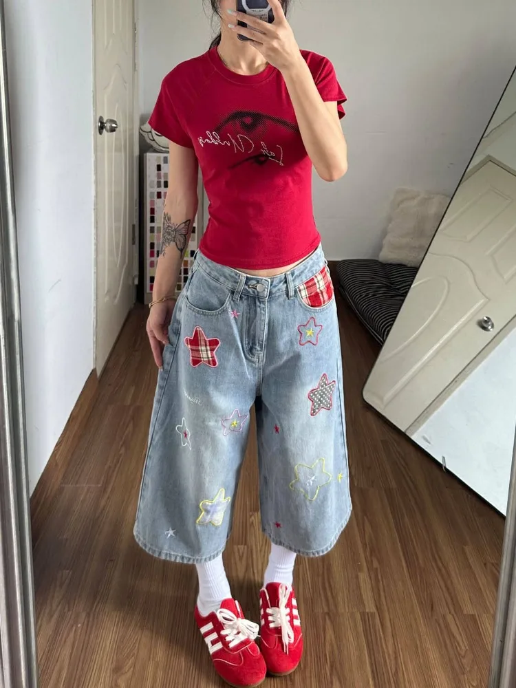 Summer Women's Star Patch Cute Denim Shorts High Waist Straight Pants Cute Girls Calf-length Trousers Female Wide Leg Streetwear
