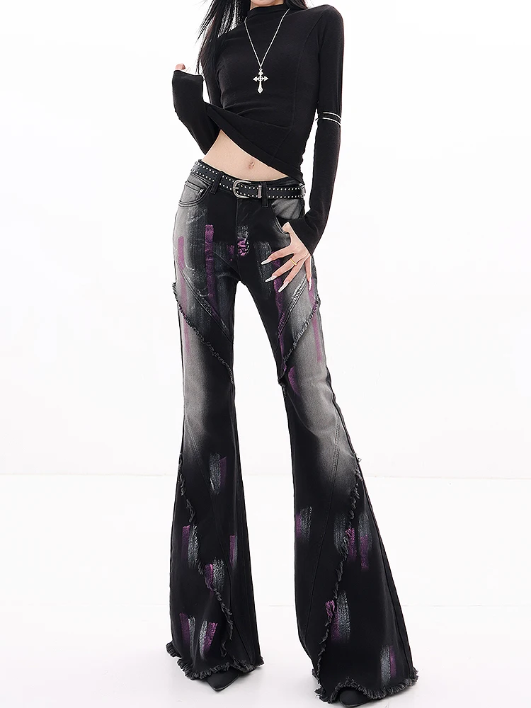 Stretch Cotton Flared Pants Women Jeans Tall Stretchy Hand-Painted Graffiti Flared Jeans for Women Slim Fit Bell-Bottom Pants