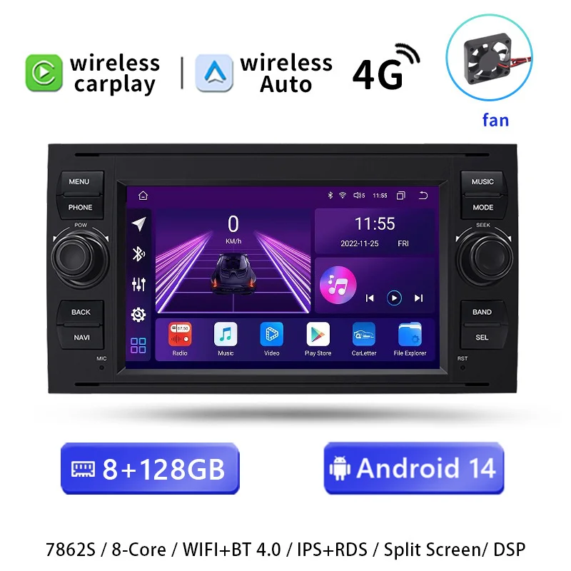 7"2 Din Draadloze Carplay Android 14 Auto Voor Ford Focus 2 Ford Fiesta Mondeo 4 C-Max S-Max Fusion Transit Kuga Galaxy Radio Multimedia GPS 4G Wifi Video Stereo Scherm Hoofdunit