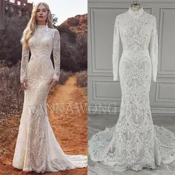 11797# Bohemian Vintage Lace Long  Sleeves Boho High  Neck Lace Sweep Train Mermaid Wedding Dress Wedding Bridal Gown Custom