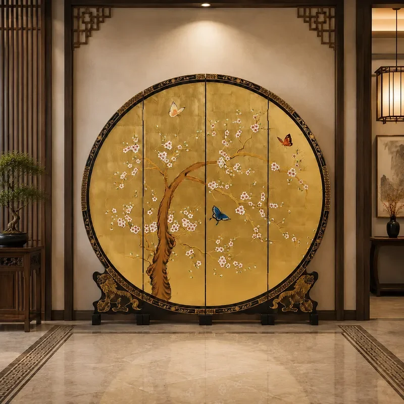 Round Screen with Lion and Hydrangea Pattern New Chinese Style Gold Foil Hand Painted Partition for Entrance Tea Room