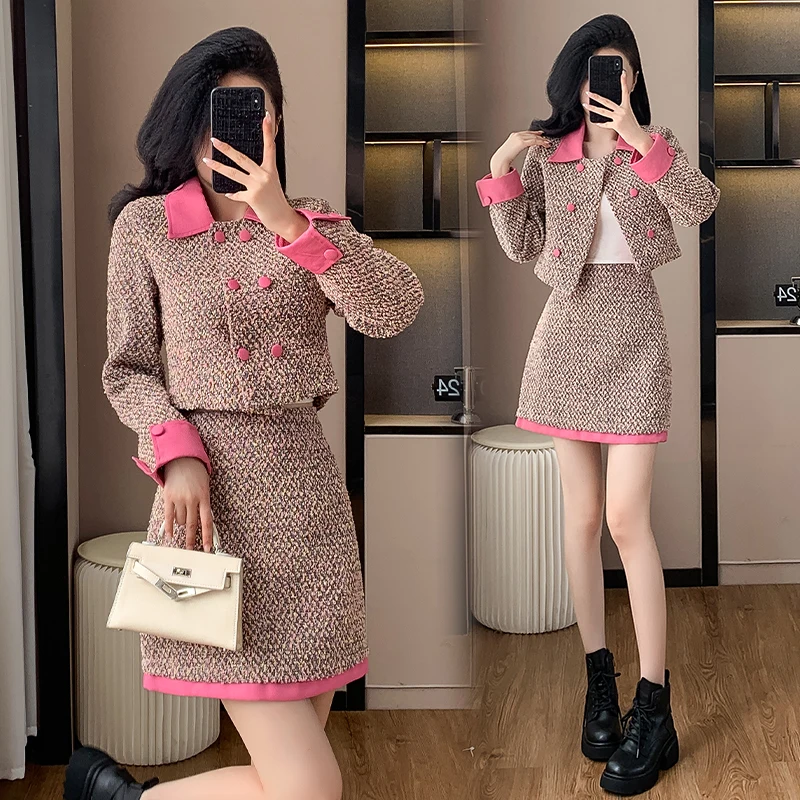 Blazer Mini Skirts Suits Women Short Two Piece Set Autumn Pink Slim Tweed Jacket Half Skirt Female Two-Piece Sets Party Clothing