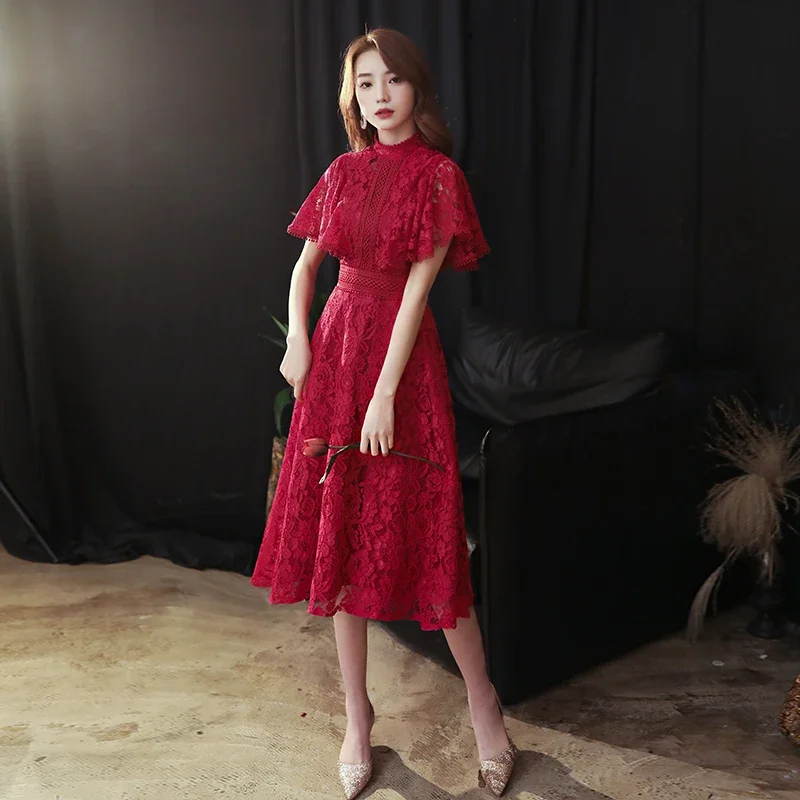 Lace Party Dresses Women Burgundy High Collar Half Sleeves Tea-length A-line Plus size New Ruffles Customized Formal Dress A071