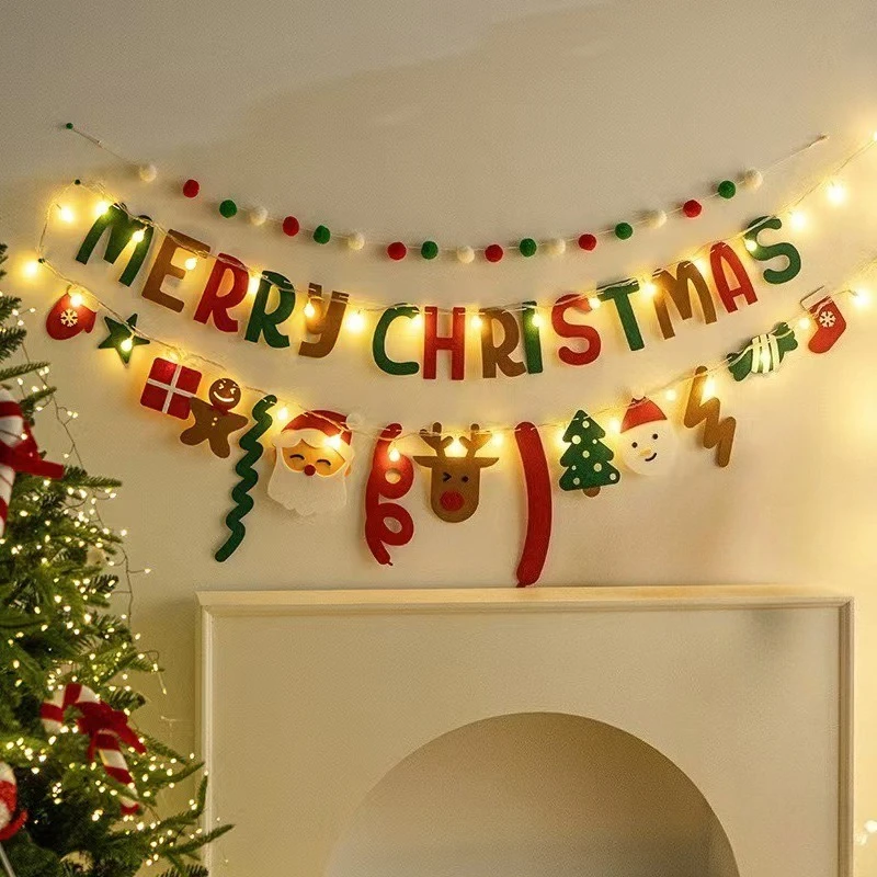 DIY Handmade Pull Flag Banner with LED Light String Merry Christmas Holiday Ornaments Home Room Background Christmas Decoration